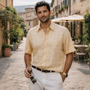 Zanetti 100% Linen Italian Fabric Button Up Shirt L Yellow Plaid European Style